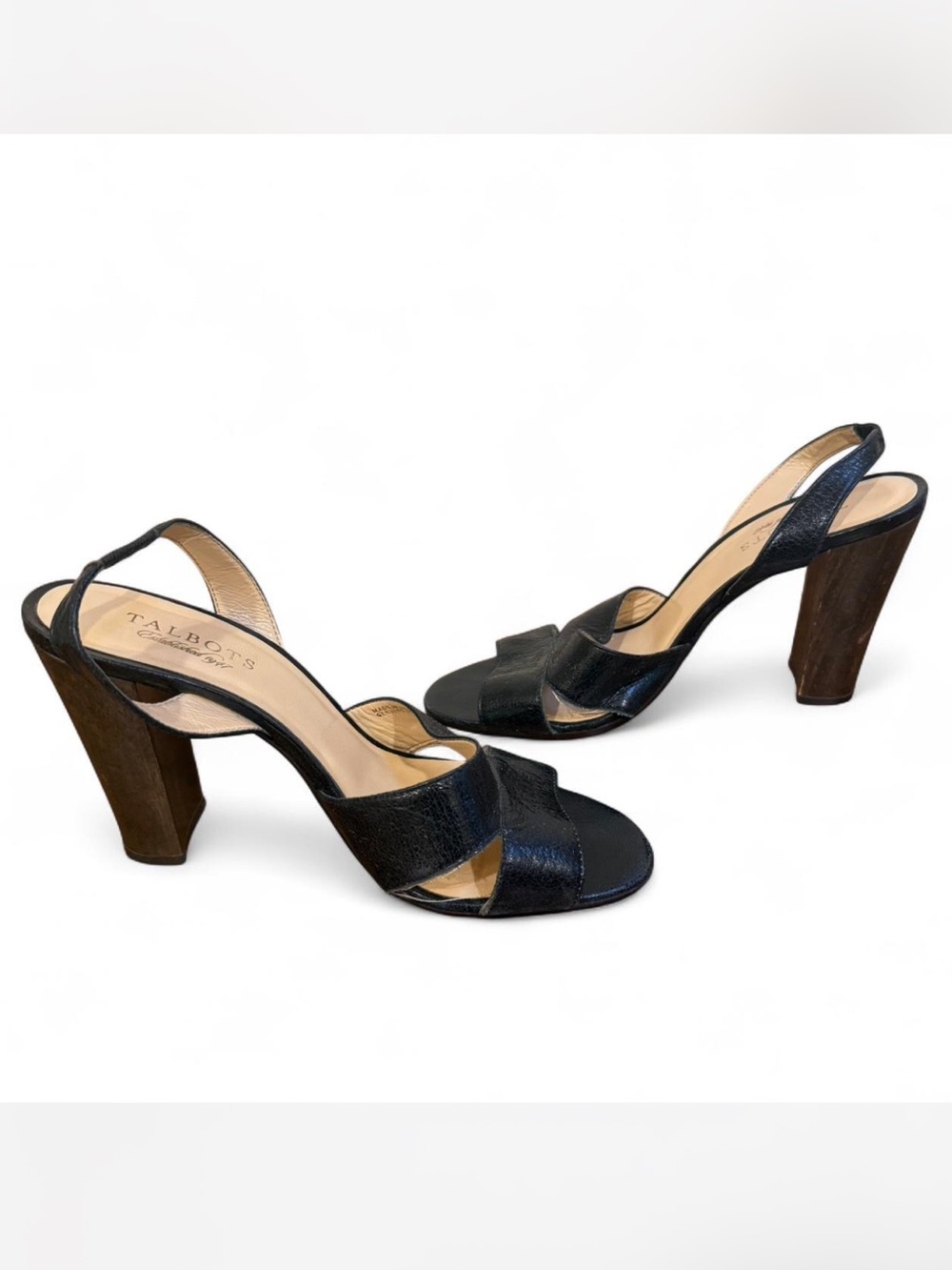 Talbots Black Leather Slingback Heels with Wooden Block Heel